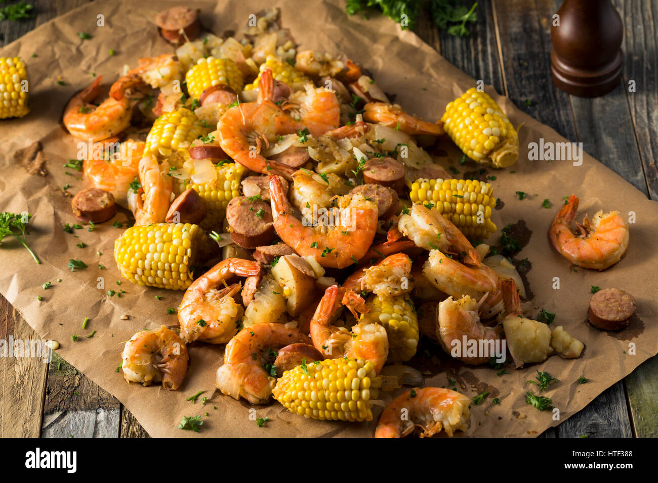 Homemade Traditional Cajun Shrimp Boil with Sausage Potato and Corn