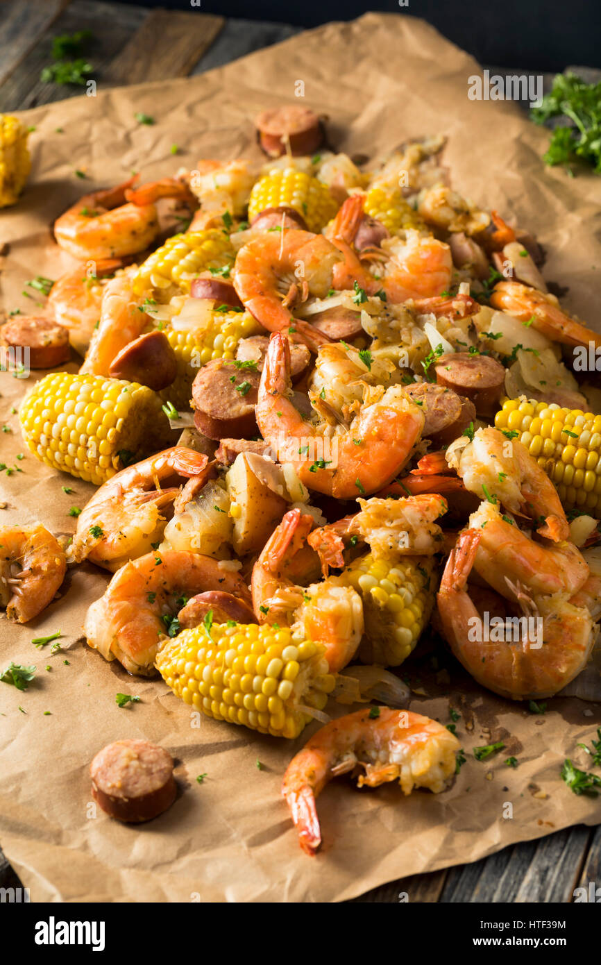Homemade Traditional Cajun Shrimp Boil with Sausage Potato and Corn