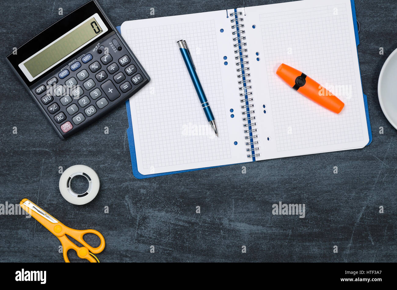Business Desk In Office Top View Table With Calculator Notepad