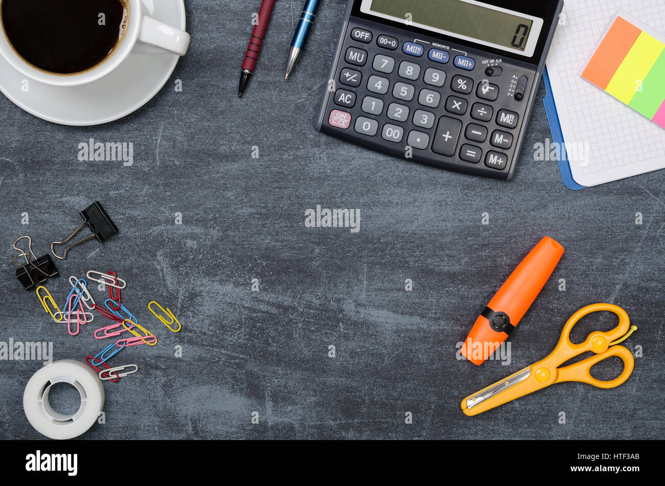Business Desk In Office Top View Table With Calculator Cup Of