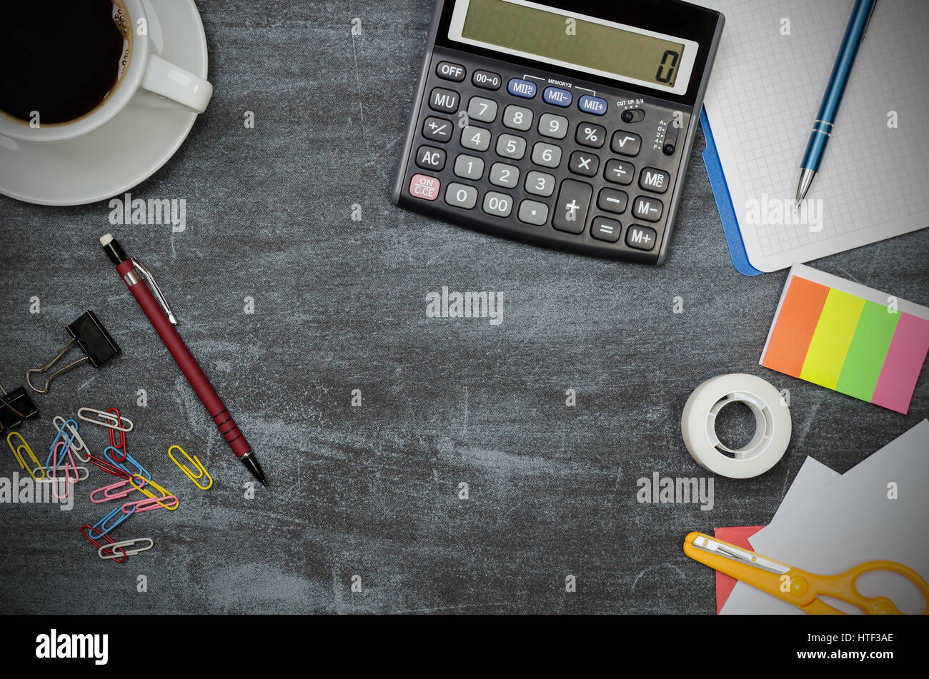Business Desk In Office Top View Table With Calculator Cup Of