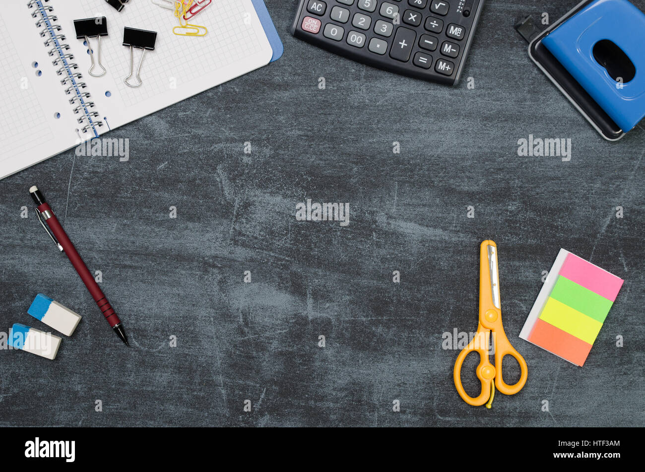 Business Desk In Office Top View Table With Calculator Notepad