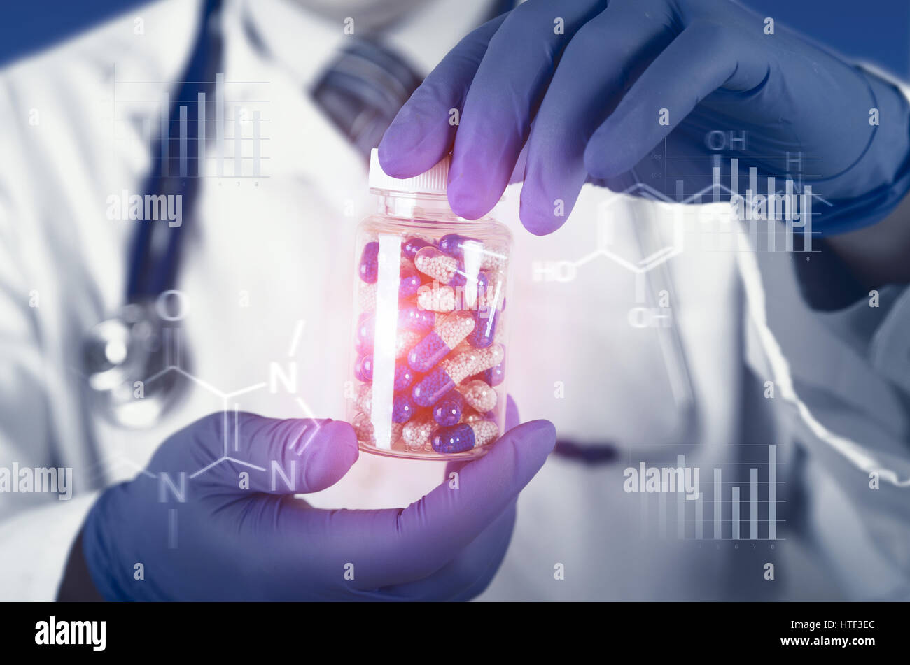 Doctor scientist invented new drug, holds capsule in hands. pill