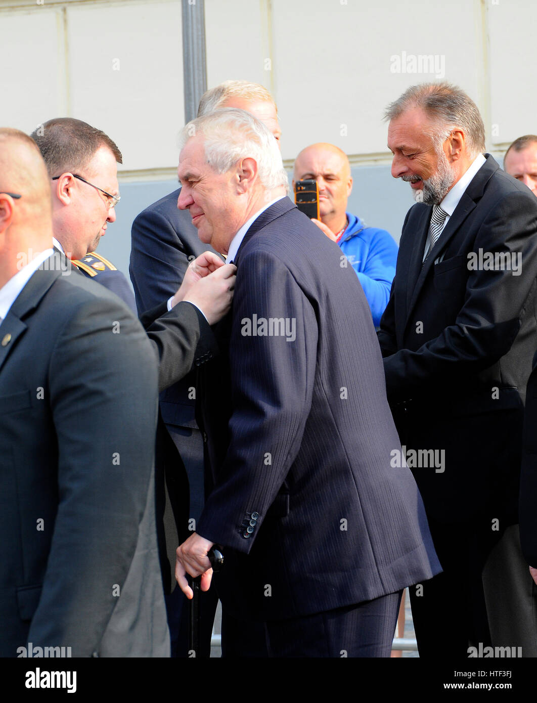 President Czech Republic Milos Zeman, protokolář Jindrich Forejt and a security guard at the Celebrations of St. Wenceslas in Stara Boleslav Stock Photo