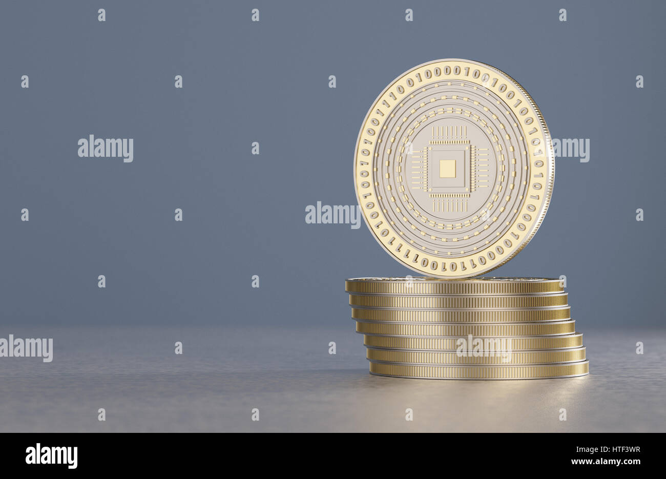 Stack of silver coins as example for virtual crypto currency, bitcoin and blockchain technology Stock Photo