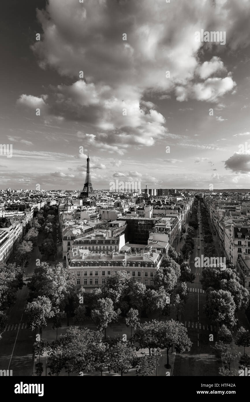 The Eiffel Tower and tree-lined Paris avenues with Haussmannian buildings (Avenue d'Iena and Avenue Kleber). Black & White. France Stock Photo