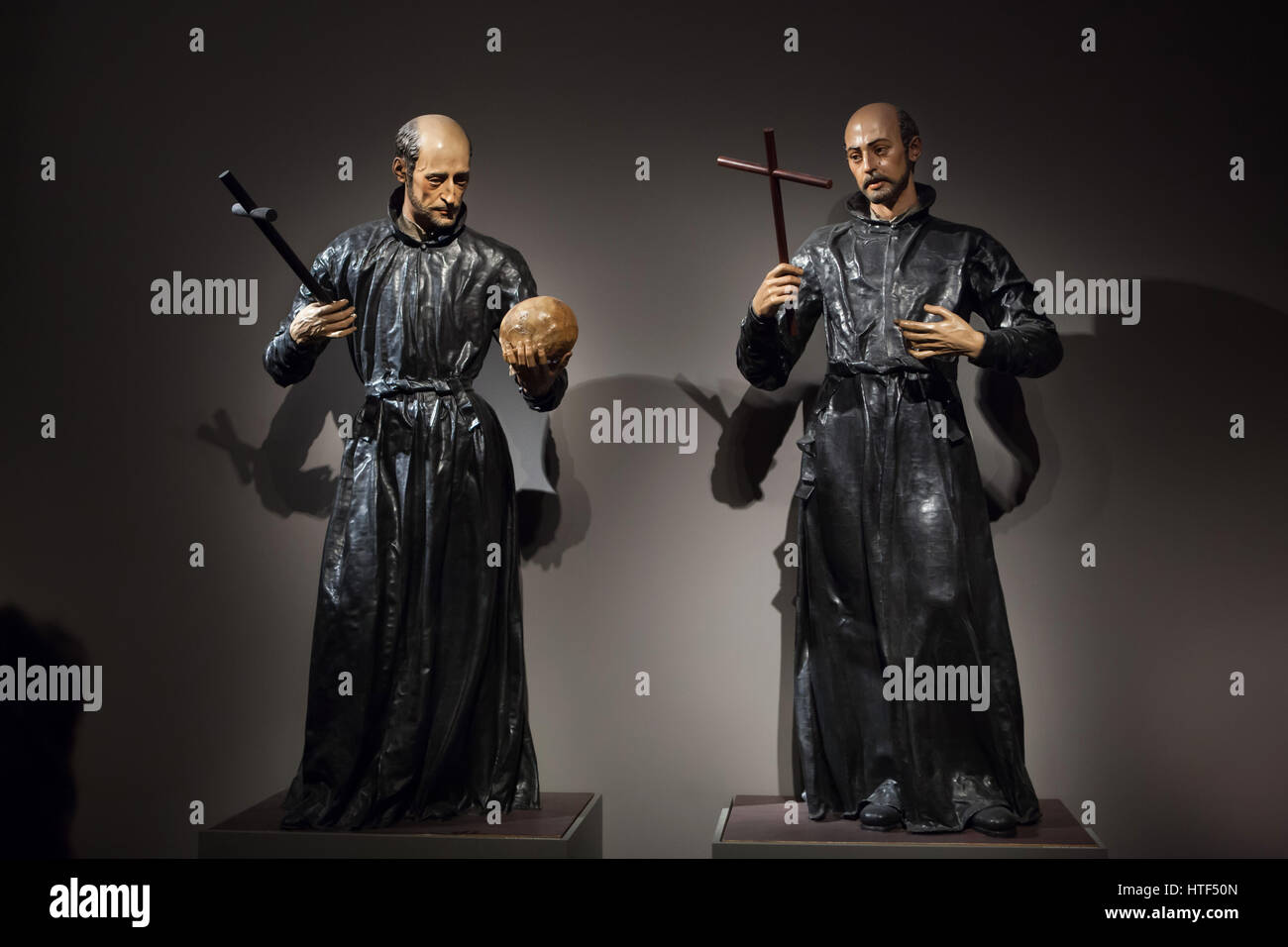 Saint Francis Borgia (L) and Saint Ignatius of Loyola (R). Polychrome wooden statues by Spanish Baroque sculptor Juan Martinez Montanes (1624) on display at the exhibition in the Kunsthalle Munchen in Munich, Bavaria, Germany. The exhibition devoted to the Spanish Golden Age runs till 26 March 2017. Stock Photo