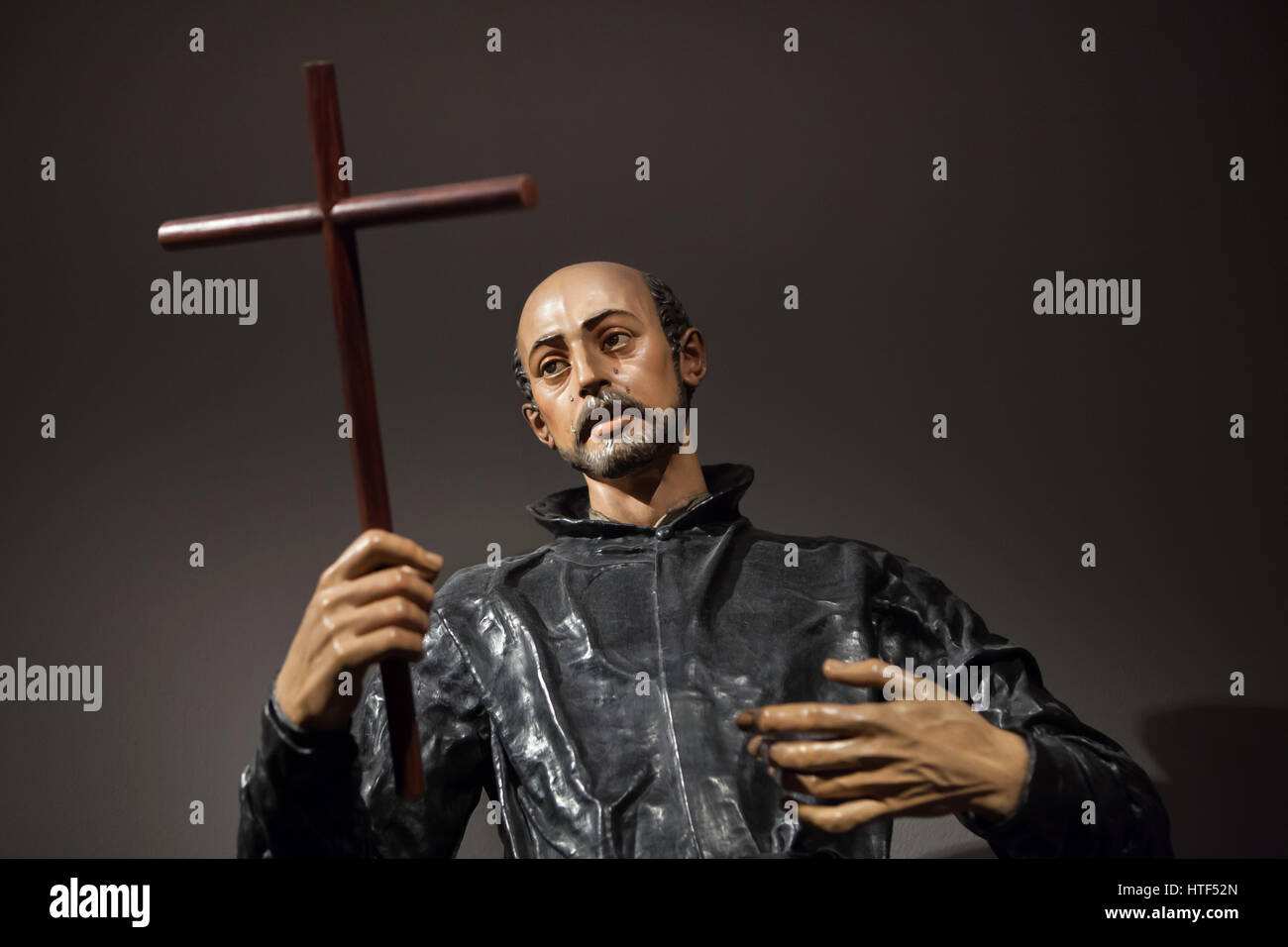 Saint Ignatius of Loyola. Polychrome wooden statue by Spanish Baroque sculptor Juan Martinez Montanes (1610) on display at the exhibition in the Kunsthalle Munchen in Munich, Bavaria, Germany. The exhibition devoted to the Spanish Golden Age runs till 26 March 2017. Stock Photo