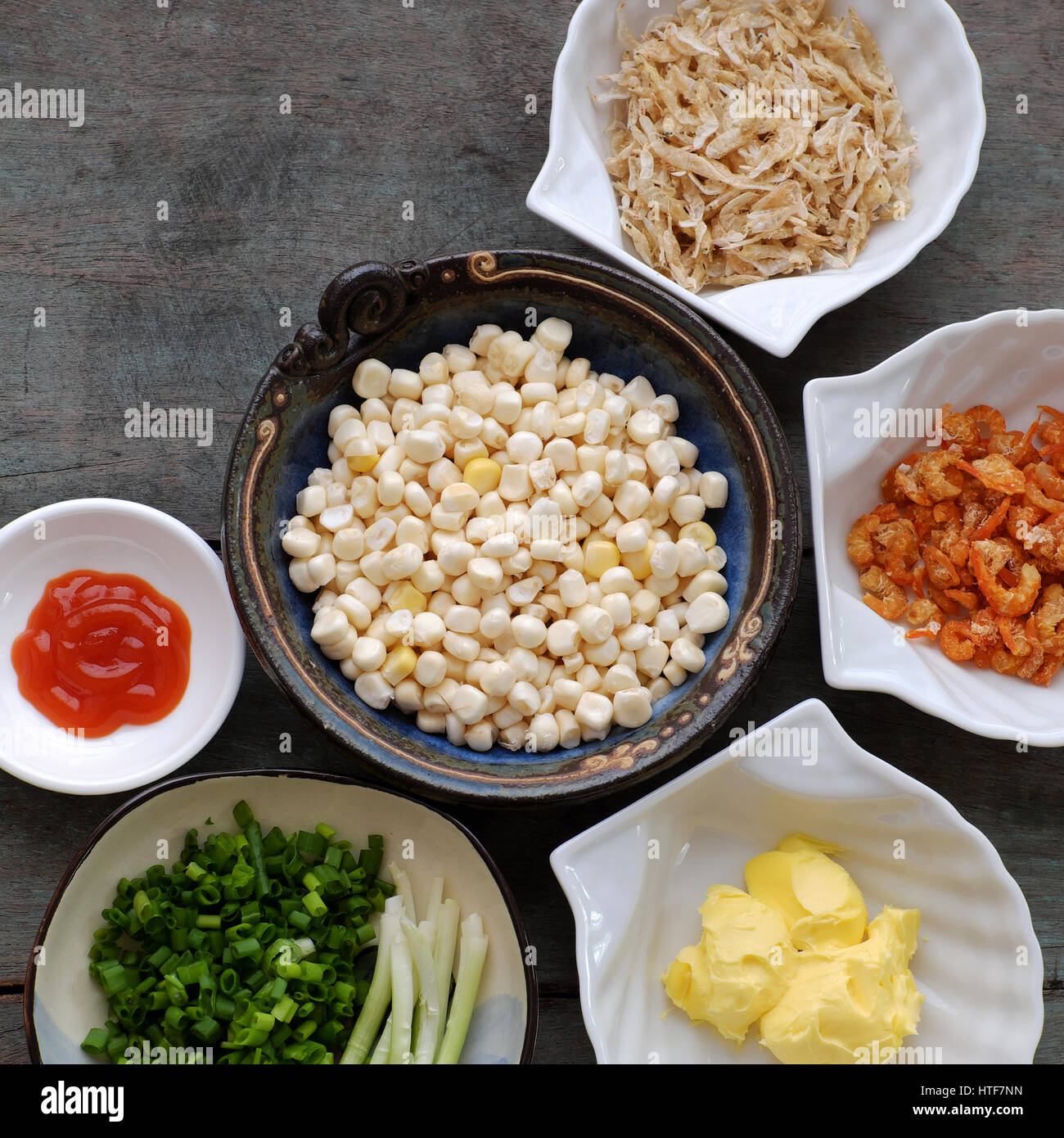 Vietnamese street food, corn fried dried shrimp, is popular snack food