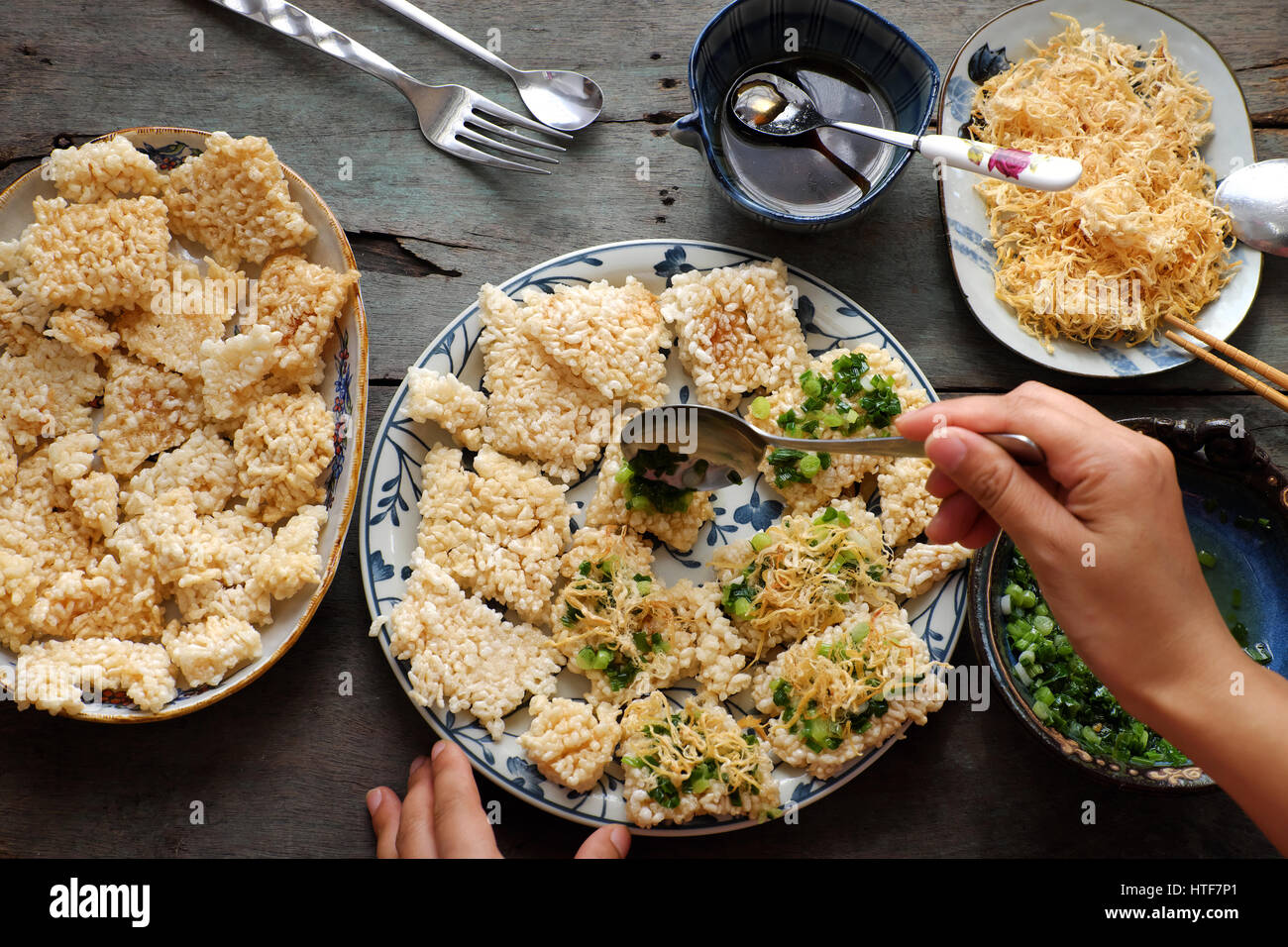 Vietnamese street food, fried dried rice with pork floss, name is com