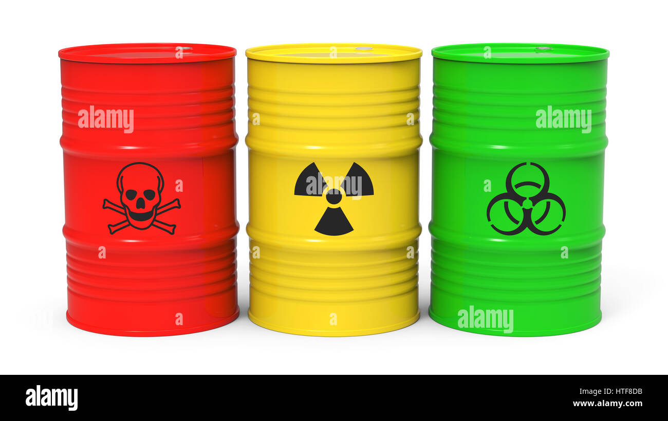 Different barrels with toxic waste isolated on white background 3D rendering Stock Photo