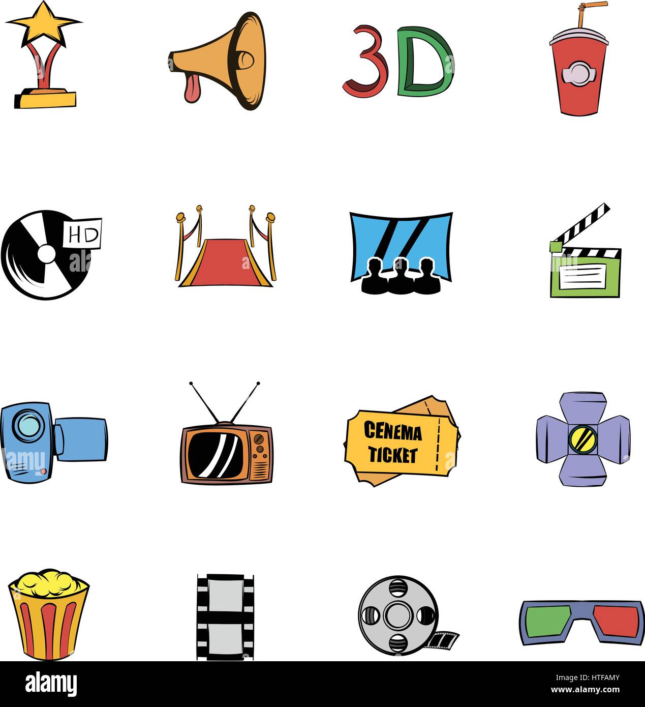 Cinema comics icons set in cartoon style isolated on white background ...