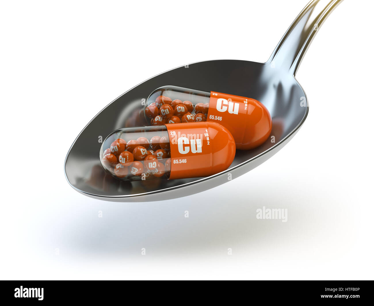 Pills with CU copper element in the spoon. Dietary supplements. Vitamin capsules. 3d illustration Stock Photo