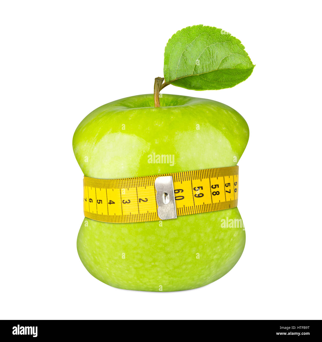 green apple with yellow measuring tape fitness diet concept isolated white background Stock Photo