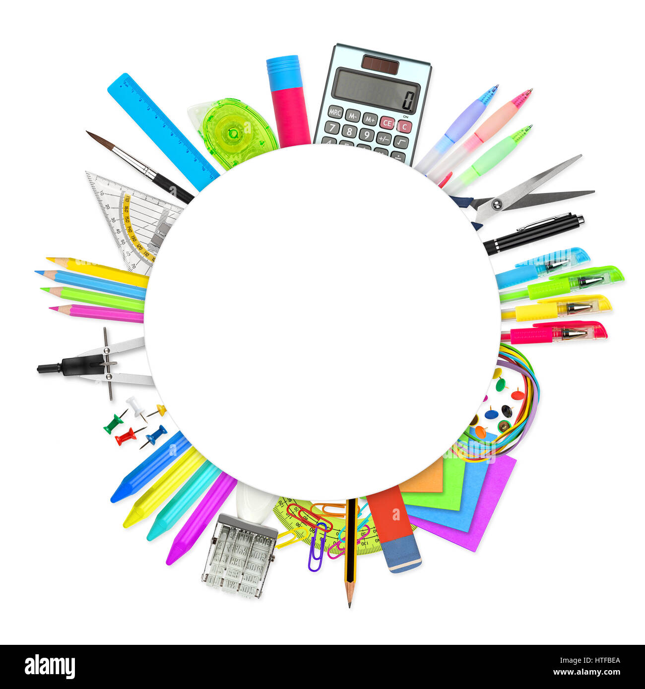round empty paper circle with copy space in front of office school stationary supplies Stock Photo