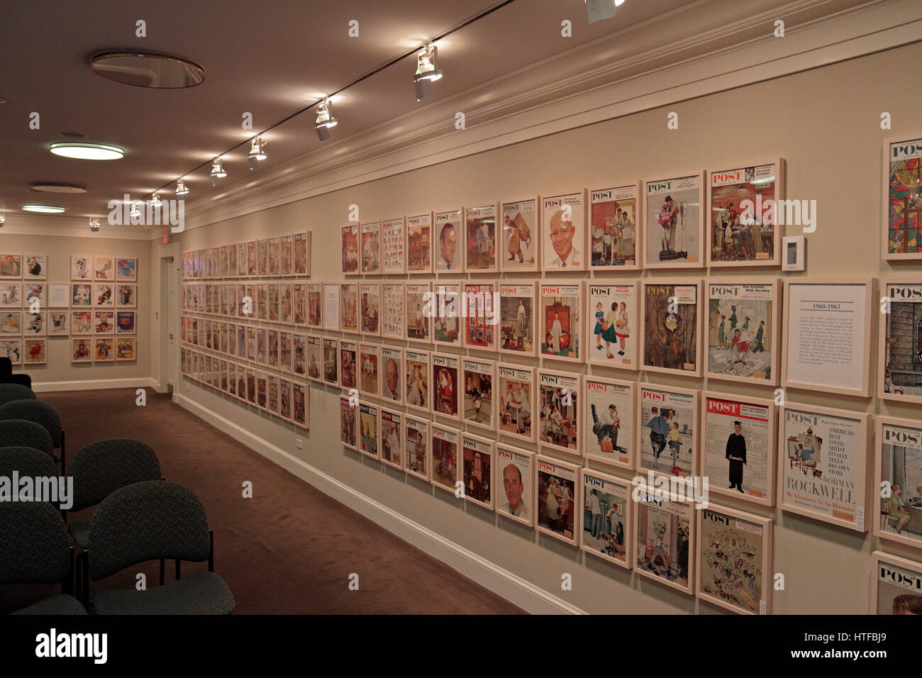 Display of cover pictures (by Norman Rockwell) from the Saturday Evening Post in the Norman Rockwell Museum, Stockbridge, MA, United States. Stock Photo