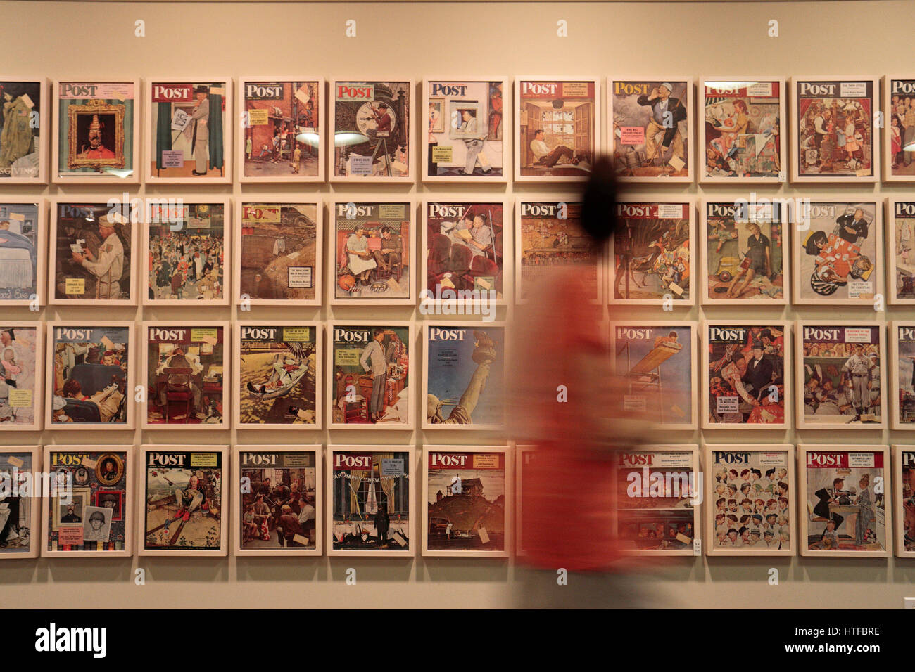 Display of cover pictures (by Norman Rockwell) from the Saturday Evening Post in the Norman Rockwell Museum, Stockbridge, MA, United States. Stock Photo