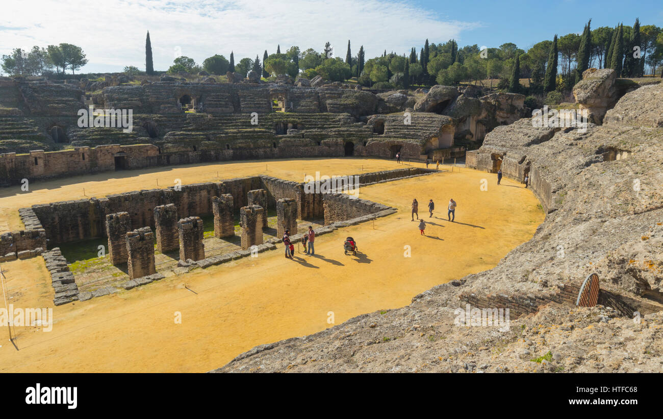 Roman city of Italica, near Santiponce, Seville Province, Andalusia, southern Spain. The amphitheatre. Stock Photo