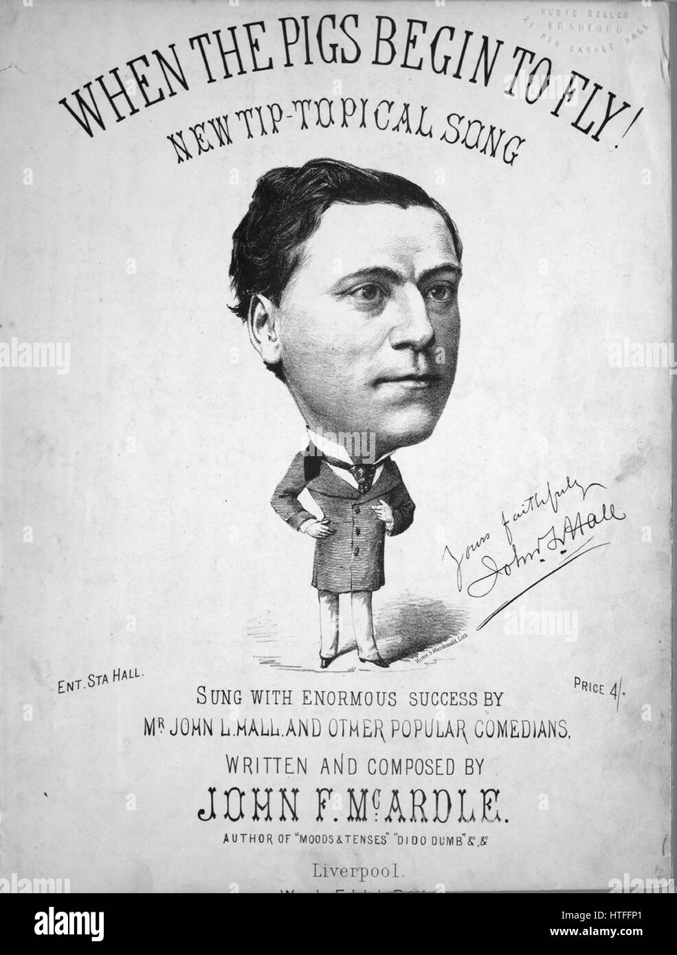 Sheet music cover image of the song 'When The Pigs Begin To Fly! New Tip-Topical Song', with original authorship notes reading 'Written and Composed By John F McArdle Arranged by Henry Round', 1900. The publisher is listed as 'W.J. Pillow', the form of composition is 'strophic with chorus', the instrumentation is 'piano and voice', the first line reads 'I've got the gift of prophecy, as I will quickly show', and the illustration artist is listed as 'Home and Macdonald, Lith.'. Stock Photo