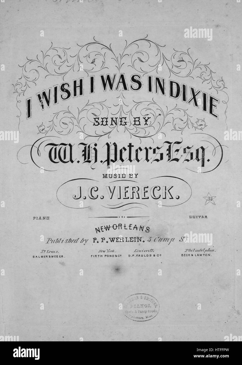 Sheet music cover image of the song 'I Wish I Was In Dixie Corrected Edition! [sic]', with original authorship notes reading 'Song by Walter H Peters, Esq Music by JC Viereck', 1860. The publisher is listed as 'P.P. Werlein, 5 Camp St.', the form of composition is 'strophic with chorus', the instrumentation is 'piano and voice', the first line reads 'Come along, boys, come out in the fields, the moon is bright and shines right cherily', and the illustration artist is listed as 'Wehrmann Eng. Pr.'. Stock Photo