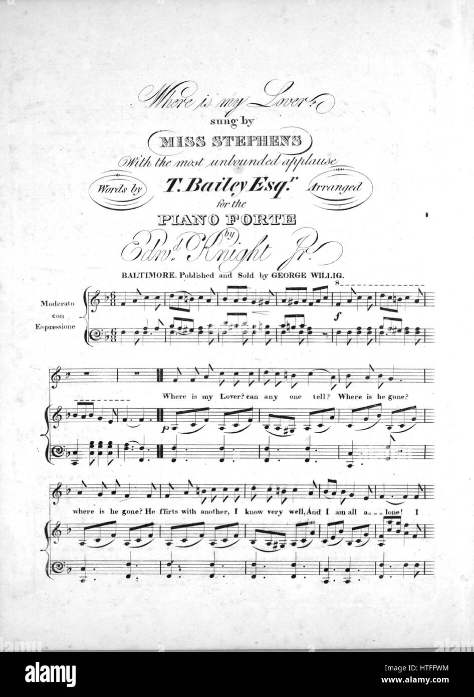 Sheet music cover image of the song 'Where is My Lover?', with original  authorship notes reading 'Words by T Bailey, Esqr; Arranged for the Piano  Forte by Edwd Knight, Jr', United States,