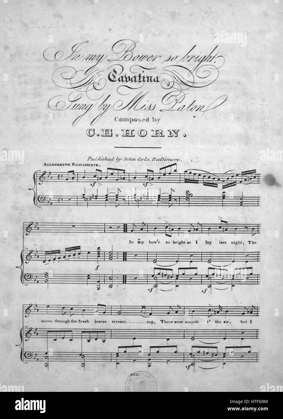 Sheet music cover image of the song 'In My Bower So Bright Cavatina', with original authorship notes reading 'Composed by CE Horn', United States, 1900. The publisher is listed as 'John Cole', the form of composition is 'through-composed', the instrumentation is 'piano and voice', the first line reads 'In my bow'r so bright as I lay last night, The moon through the fresh leaves streaming', and the illustration artist is listed as 'None'. Stock Photo