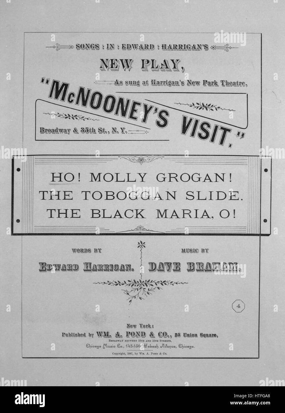 Sheet music cover image of the song 'Songs in Edward Harrigan's New Play, 'McNooney's Visit' Ho! Molly Grogan!', with original authorship notes reading 'Words by Edward Harrigan Music by Dave Braham', United States, 1887. The publisher is listed as 'Wm. A. Pond and Co., 25 Union Square, (Broadway, bet. 15th and 16th Sts.)', the form of composition is 'strophic with chorus (and dance interlude)', the instrumentation is 'piano and voice', the first line reads 'There's a little Irish lass and she wears a gingham gown', and the illustration artist is listed as 'None'. Stock Photo