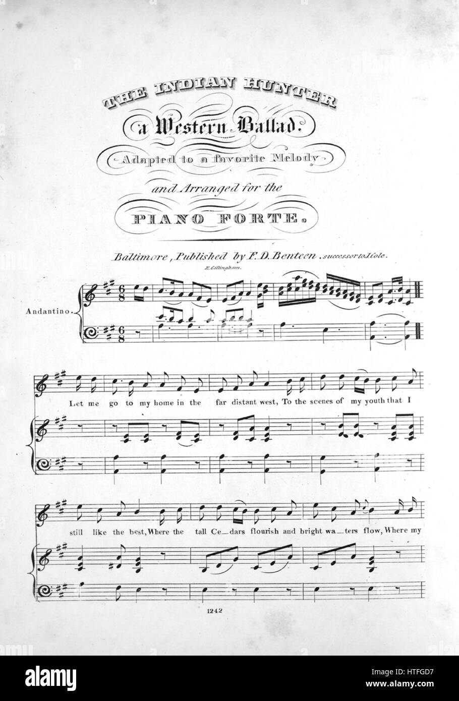 Sheet music cover image of the song 'The Indian Hunter A Western Ballad',  with original authorship notes reading 'Adapted to a favorite Melody and  Arranged for the Piano Forte [na]', United States,