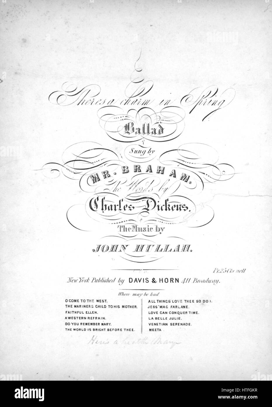 Sheet music cover image of the song 'There's a Charm in Spring Ballad', with original authorship notes reading 'The Words by Charles Dickens The Music by John Hullah', United States, 1900. The publisher is listed as 'Davis and Horn, 411 Broadway', the form of composition is 'strophic', the instrumentation is 'piano and voice', the first line reads 'There's a charm in spring, when ev'rything, Is bursting from the ground', and the illustration artist is listed as 'Samuel Ackerman Engr. and Pr.'. Stock Photo
