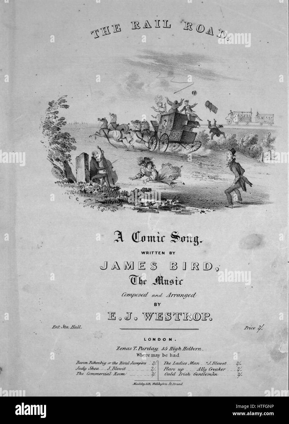 Sheet music cover image of the song 'The Rail Road A Comic Song [Contains song  Mister Puff]', with original authorship notes reading 'Written by James Bird The Music Composed and Arranged by EJ Westrop', United Kingdom, 1900. The publisher is listed as 'Zenas T. Purday, 45 High Holborn', the form of composition is 'strophic', the instrumentation is 'piano and voice', the first line reads 'Puff, Puff, who is Mister Puff, Him of the Brazen exterior?', and the illustration artist is listed as 'Madeley lith. Wellington St. Strand'. Stock Photo