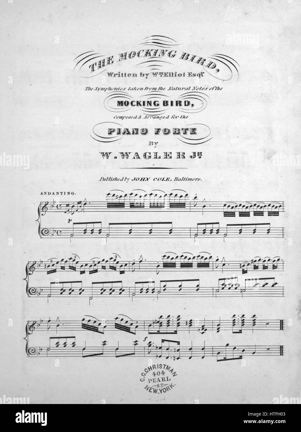 Sheet music cover image of the song 'The Mocking Bird', with original authorship notes reading