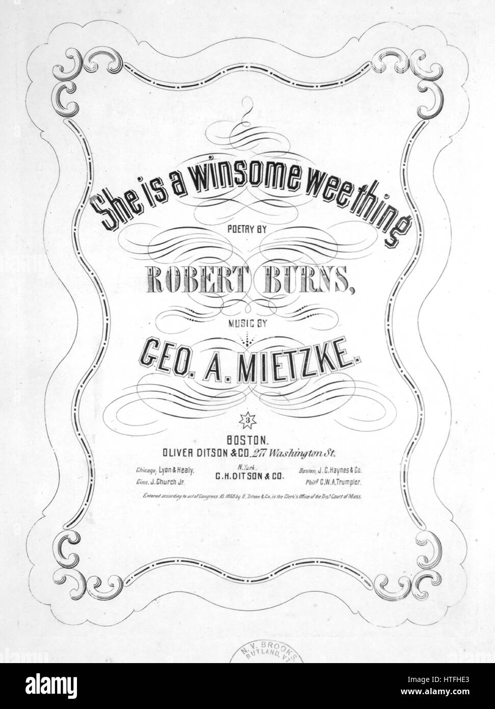 Sheet music cover image of the song 'She Is A Winsome Wee Thing', with original authorship notes reading 'Poetry by Robert Burns Music by Geo A Mietzke', United States, 1868. The publisher is listed as 'Oliver Ditson and Co., 277 Washington St.', the form of composition is 'strophic with chorus', the instrumentation is 'piano and voice', the first line reads 'She is a winsome wee thing, She is a handsome wee thing', and the illustration artist is listed as 'None'. Stock Photo