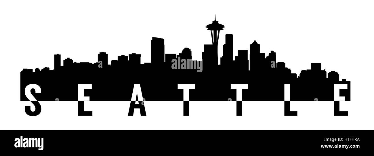 very big size seattle city skyline silhouette with text Stock Photo