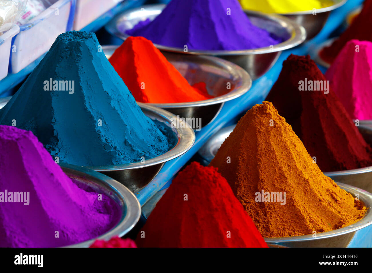 Dye powder stall at Mysore Flower Market, Karnataka, India Stock Photo