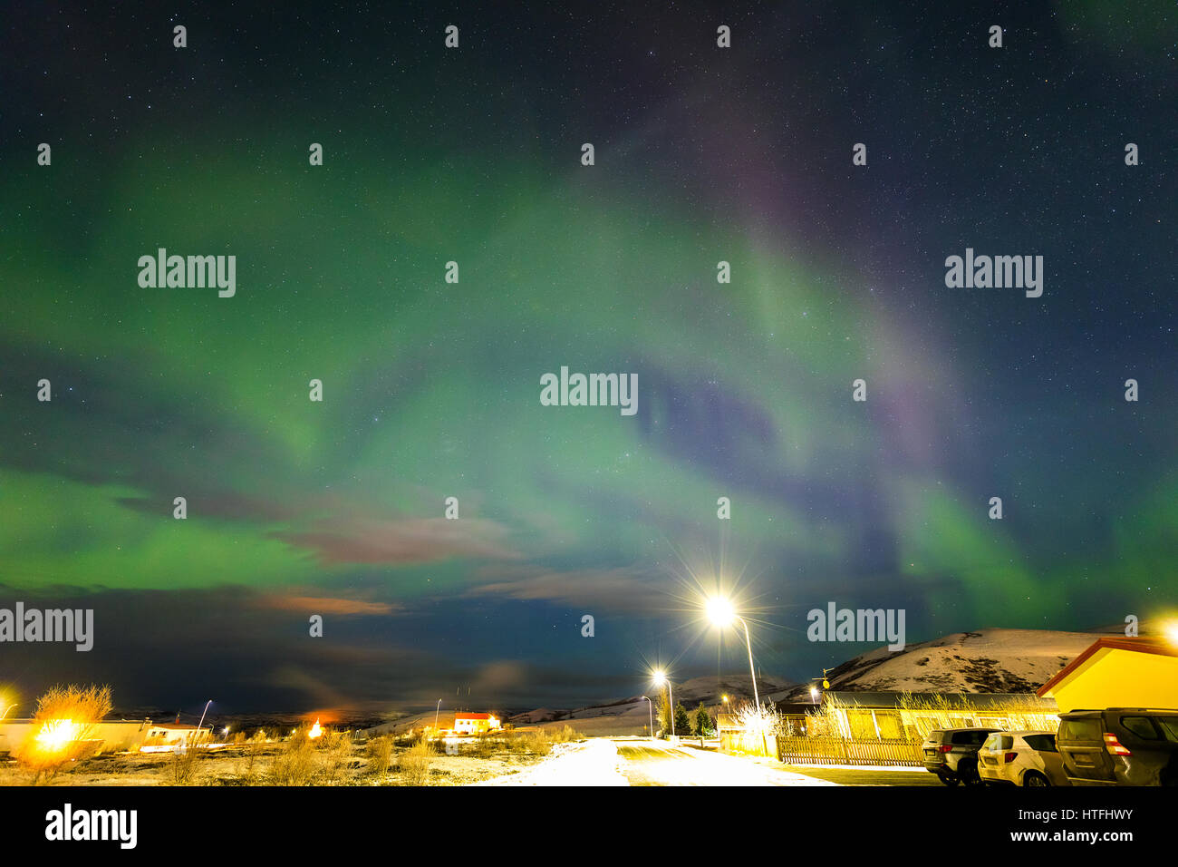 The Northern Light Aurora borealis around Lake Myvatn, Reykjahlid Iceland Stock Photo