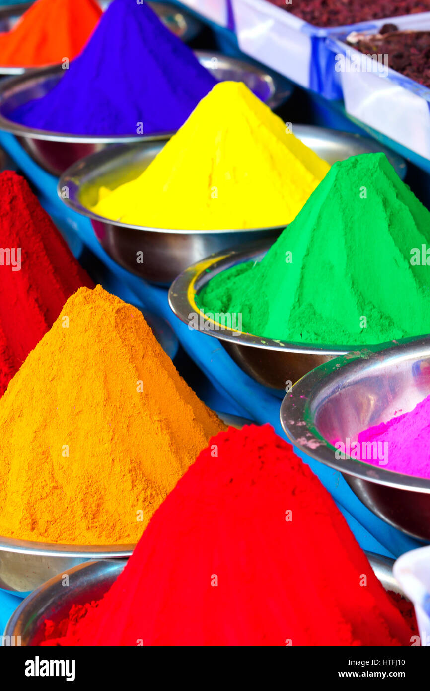Dye powder stall at Mysore Flower Market, Karnataka, India Stock Photo