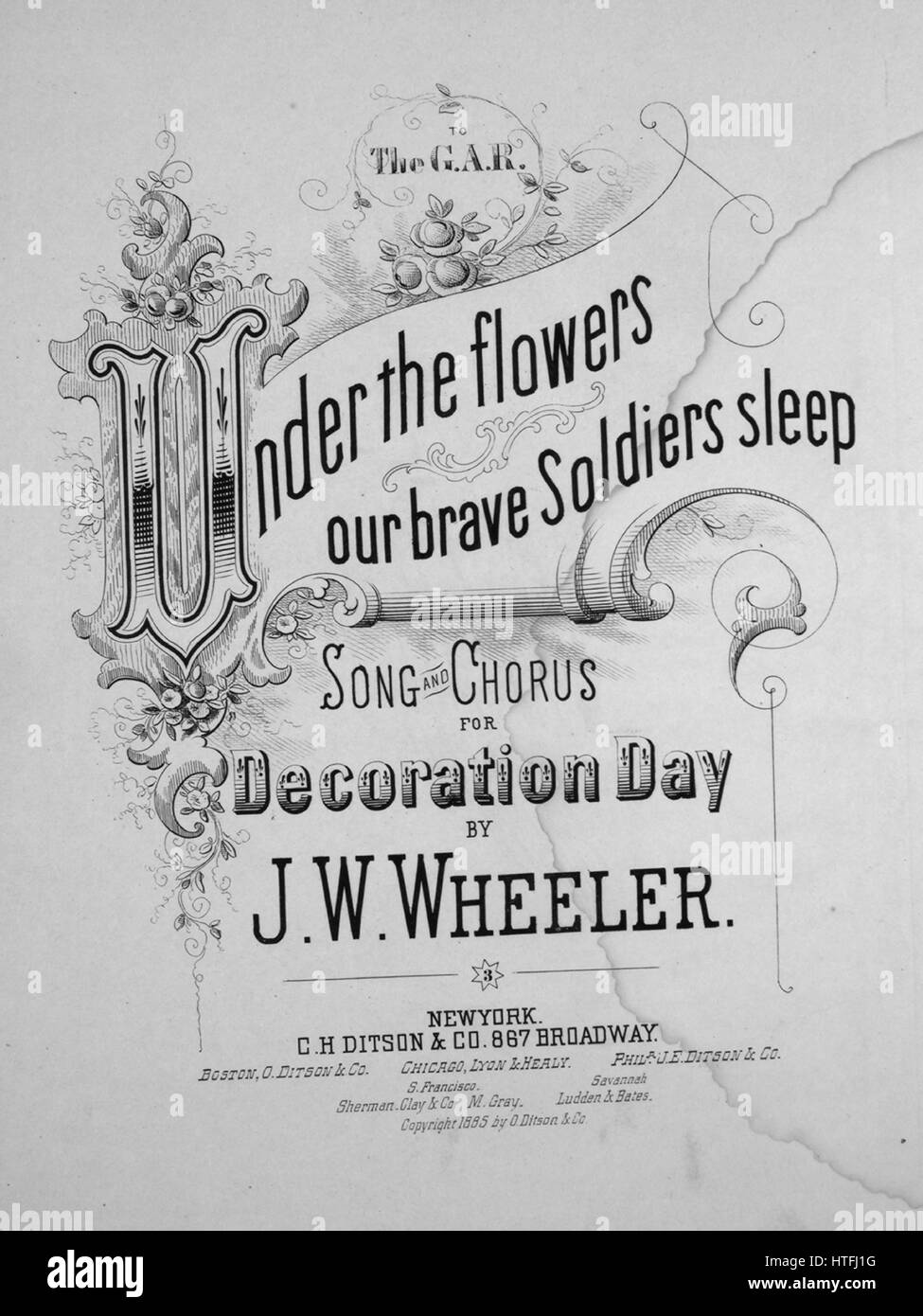 Sheet music cover image of the song 'Under the Flowers Our Brave Soldiers Sleep Song and Chorus for Decoration Day', with original authorship notes reading 'By JM Wheeler', United States, 1885. The publisher is listed as 'C.H. Ditson and Co., 867 Broadway', the form of composition is 'strophic with chorus', the instrumentation is 'piano and voice', the first line reads 'In mem'ry of our comrades so dear, the sweetest of flowers we bring', and the illustration artist is listed as 'None'. Stock Photo