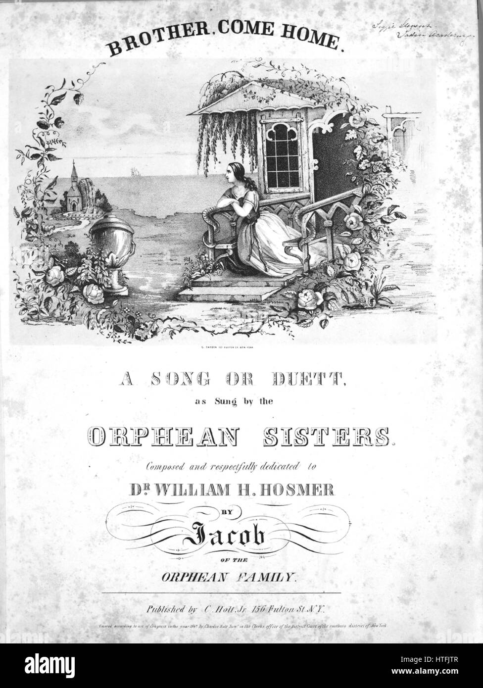 Sheet music cover image of the song 'Brother, Come Home A Song or Duett', with original authorship notes reading 'Composed by Jacob of the Orphean Family', United States, 1847. The publisher is listed as 'C. Holt, Jr., 156 Fulton St.', the form of composition is 'strophic with refrain', the instrumentation is 'piano and voice', the first line reads 'Come home; Would I could send my spirit o'er the deep First line of refrain Brother come home', and the illustration artist is listed as 'G. Snyder, 122 Fulton St. New York; G.W. Ackerman Envr. and Pr.'. Stock Photo