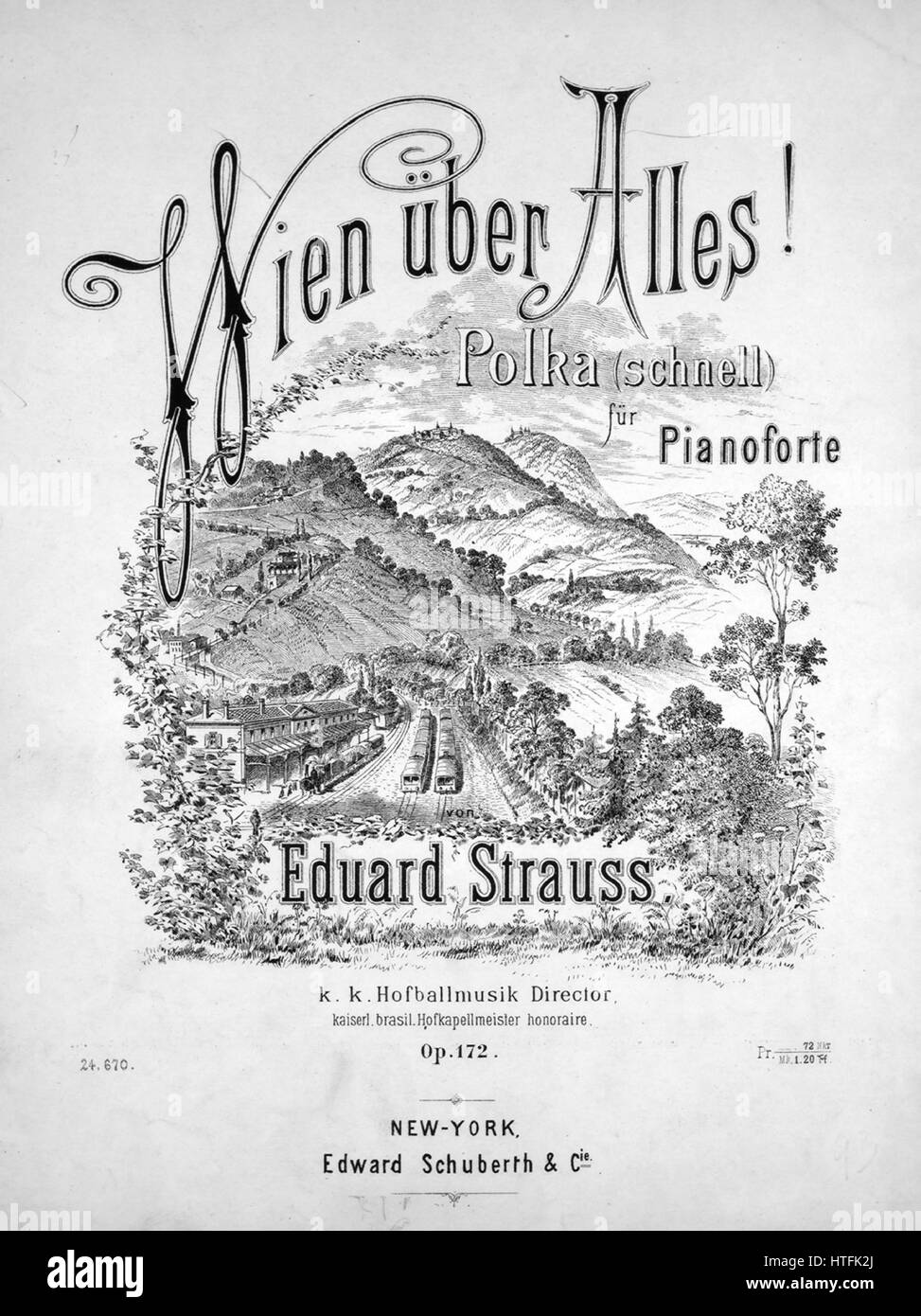 Sheet music cover image of the song 'Wien Uber Alles! Polka (schnell) fur Pianoforte', with original authorship notes reading 'Von Eduard Strauss, kk Hofballmusik Director, kaiserl brasilHofkapellmeister honoraire', United States, 1900. The publisher is listed as 'Edward Schuberth and Cie.', the form of composition is 'sectional', the instrumentation is 'piano', the first line reads 'None', and the illustration artist is listed as 'Lit. art. Anst. v. Jos. Eberle and Co., VII Westbahnstr. 9 Wien'. Stock Photo