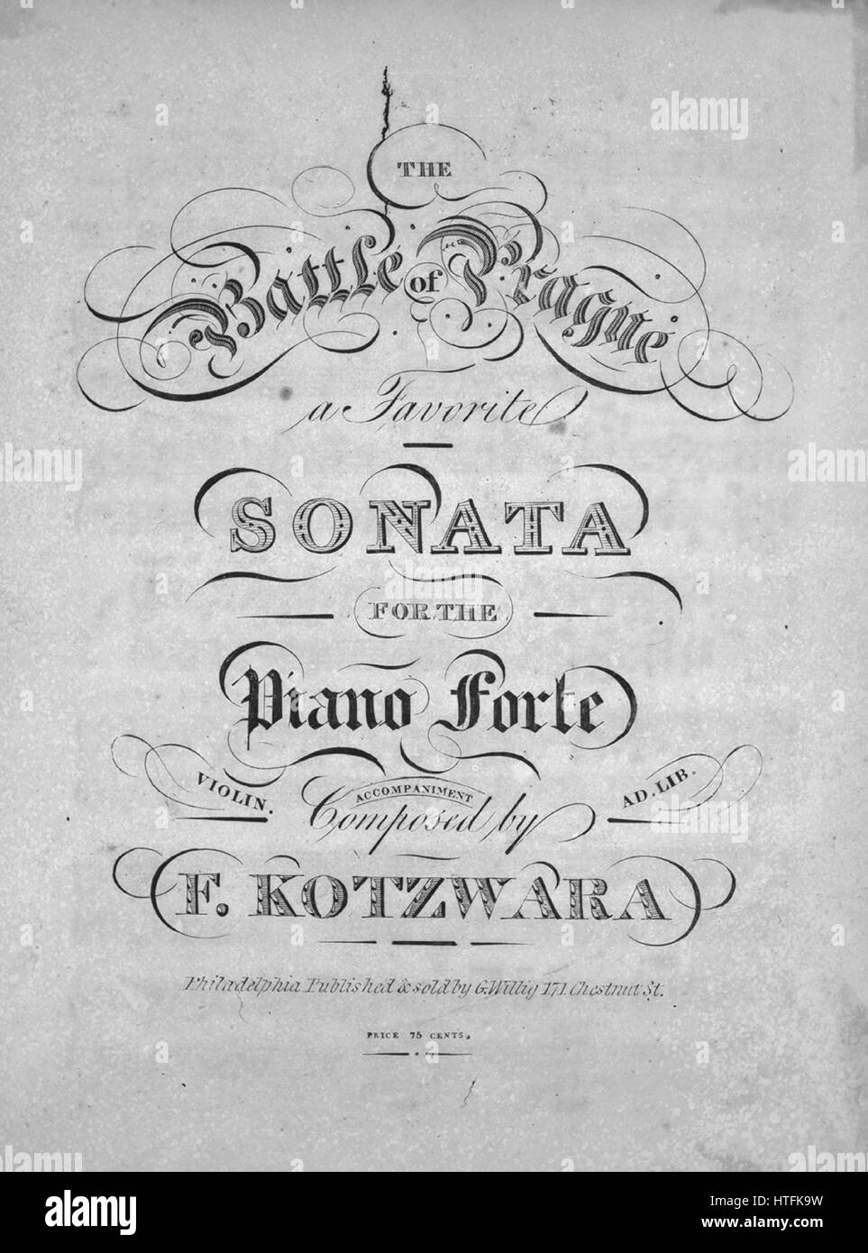 Sheet music cover image of the song 'The Battle of Prague A Favorite Sonata  for the Piano Forte Violin Accompaniment Ad Lib', with original authorship  notes reading 'Composed by F Kotzwara', United