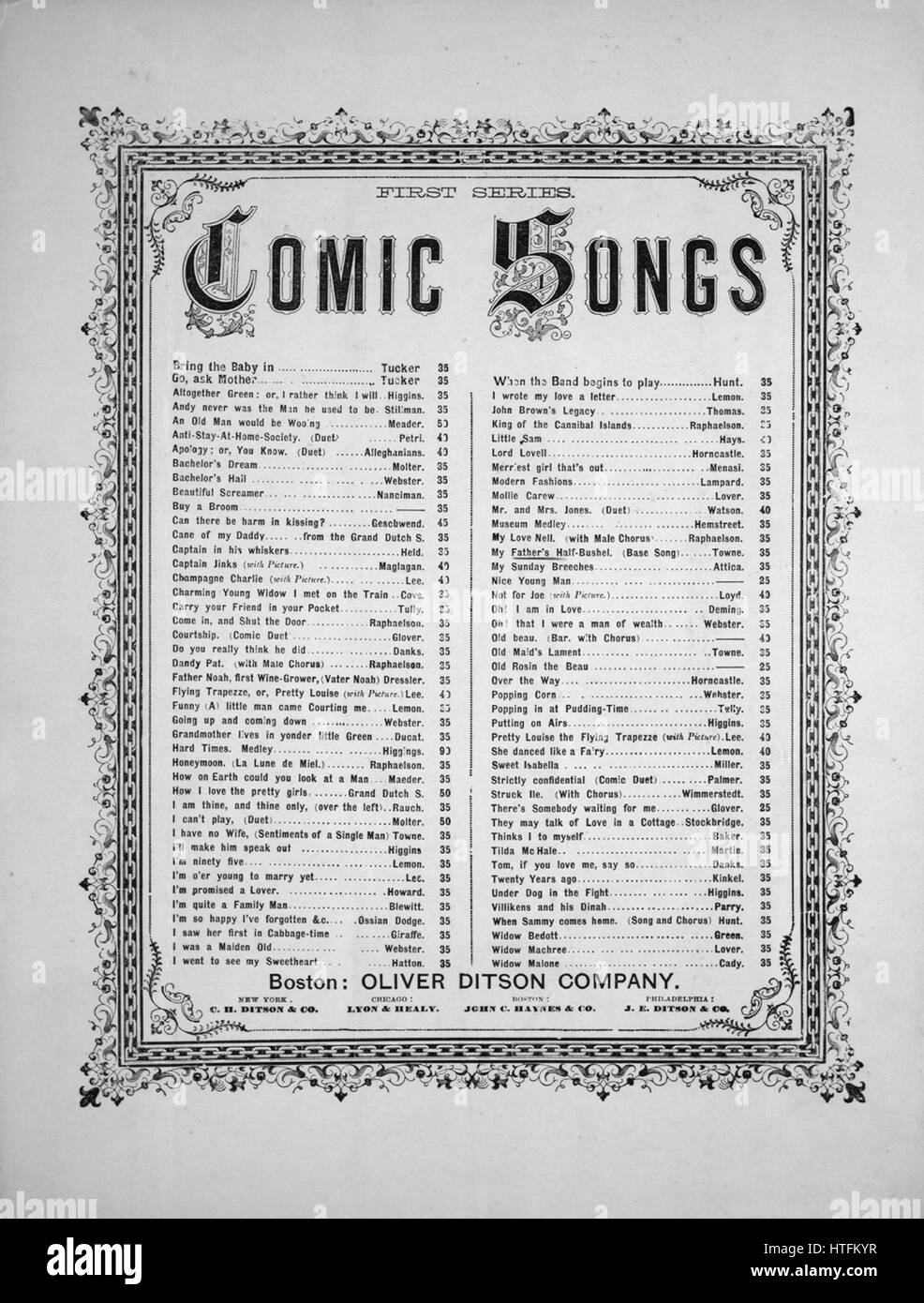 Sheet music cover image of the song 'Comic Songs First Series My Father's Half-Bushel', with original authorship notes reading 'Composed by T Martin Towne', United States, 1864. The publisher is listed as 'Oliver Ditson Company', the form of composition is 'strophic', the instrumentation is 'piano and voice', the first line reads 'My Father's half bushel comes oft to my mind, And awakens deep feelings of various kind', and the illustration artist is listed as 'ads on back cover for Oliver Ditson stock'. Stock Photo