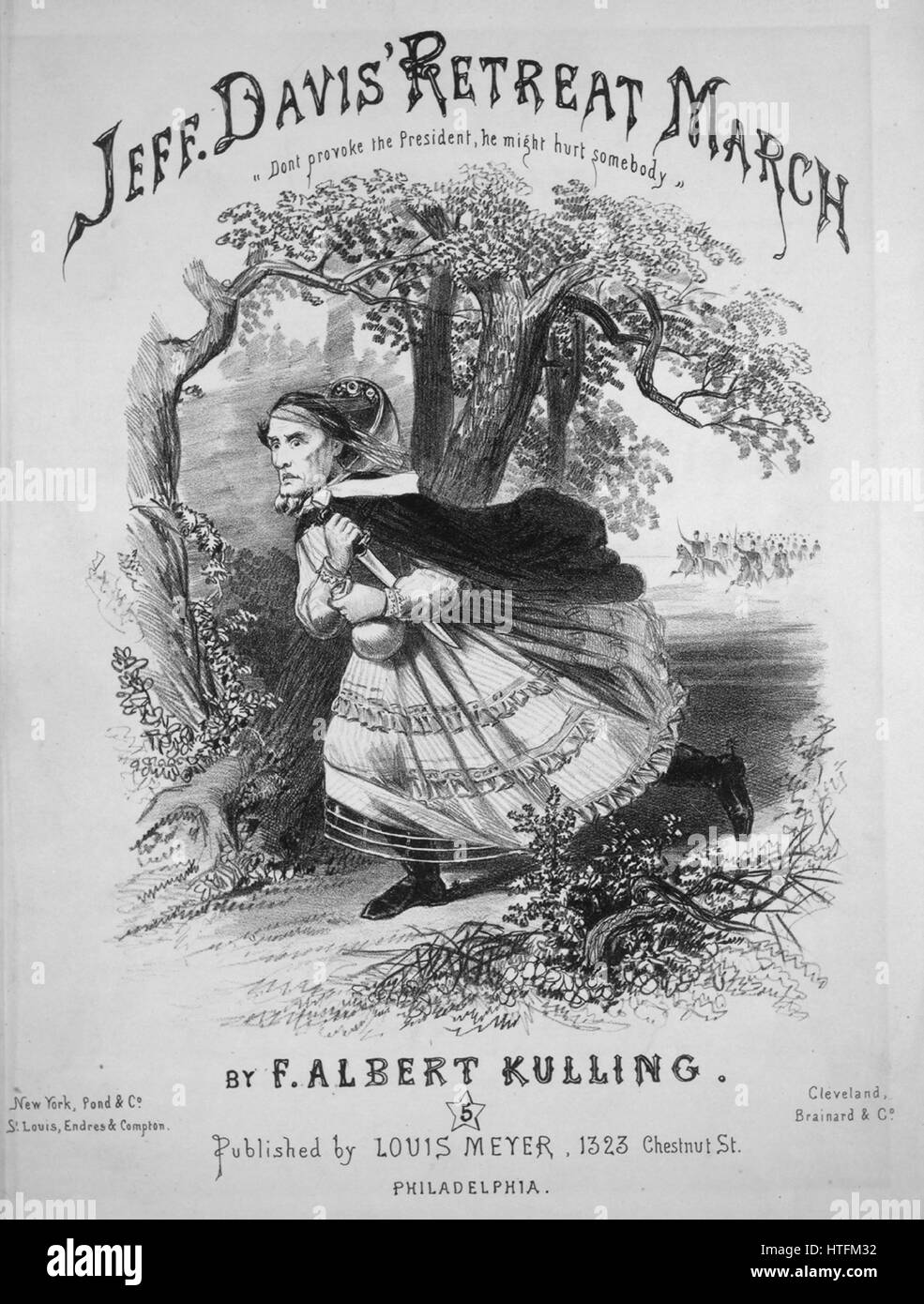 Sheet music cover image of the song 'Jeff Davis Retreat March', with original authorship notes reading 'By F Albert Kulling', United States, 1865. The publisher is listed as 'Louis Meyer, 1323 Chestnut St.', the form of composition is 'da capo', the instrumentation is 'piano', the first line reads 'None', and the illustration artist is listed as 'None'. Stock Photo