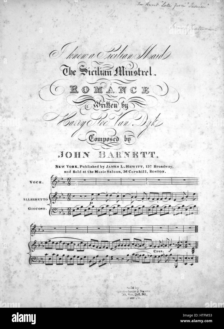 Sheet music cover image of the song 'I Knew A Sicilian Maid The Sicilian Minstrel Romance', with original authorship notes reading 'Written by Harry Stoe Van Dyk Composed by John Barnett', United States, 1900. The publisher is listed as 'James L. Hewitt, 137 Broadway', the form of composition is 'strophic', the instrumentation is 'piano and voice', the first line reads 'I knew a Sicilian maid, Whose sire was a testy old elf', and the illustration artist is listed as 'None'. Stock Photo
