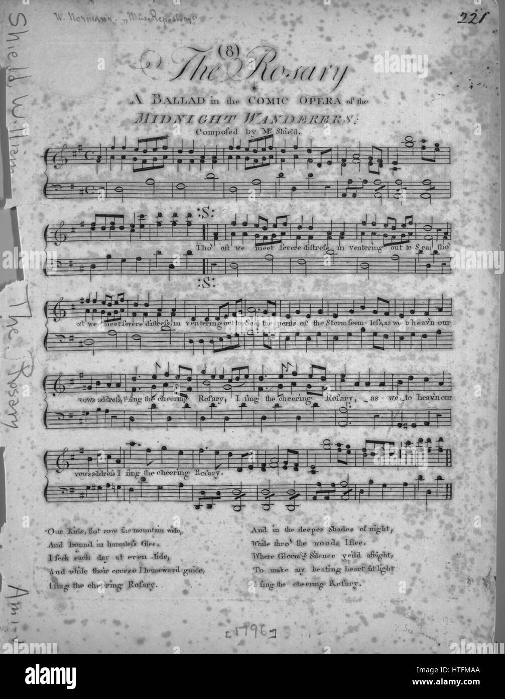 Sheet music cover image of the song 'The Rosary A Ballad in the Comic Opera of the Midnight Wanderers', with original authorship notes reading 'Composed by Mr Shield', 1796. The publisher is listed as 'n.p.', the form of composition is 'strophic with chorus', the instrumentation is 'piano and voice', the first line reads 'Tho' oft we meet severe distress in Ventering [sic] out to Sea', and the illustration artist is listed as 'None'. Stock Photo
