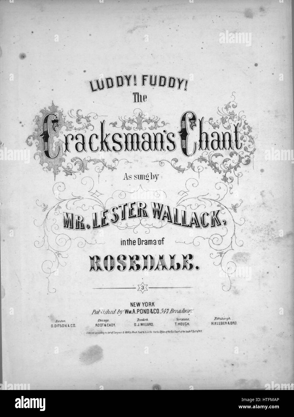 Sheet music cover image of the song 'Luddy! Fuddy! The Cracksman's Chant', with original authorship notes reading 'Arr'd by D Graham', United States, 1864. The publisher is listed as 'Wm. A. Pond and Co., 547 Broadway', the form of composition is 'strophic with chorus', the instrumentation is 'piano and voice', the first line reads 'I seed three p'licemen in the strand, Luddy, fuddy, Oh poor Luddy Heigho', and the illustration artist is listed as 'Engd. at Clayton's'. Stock Photo