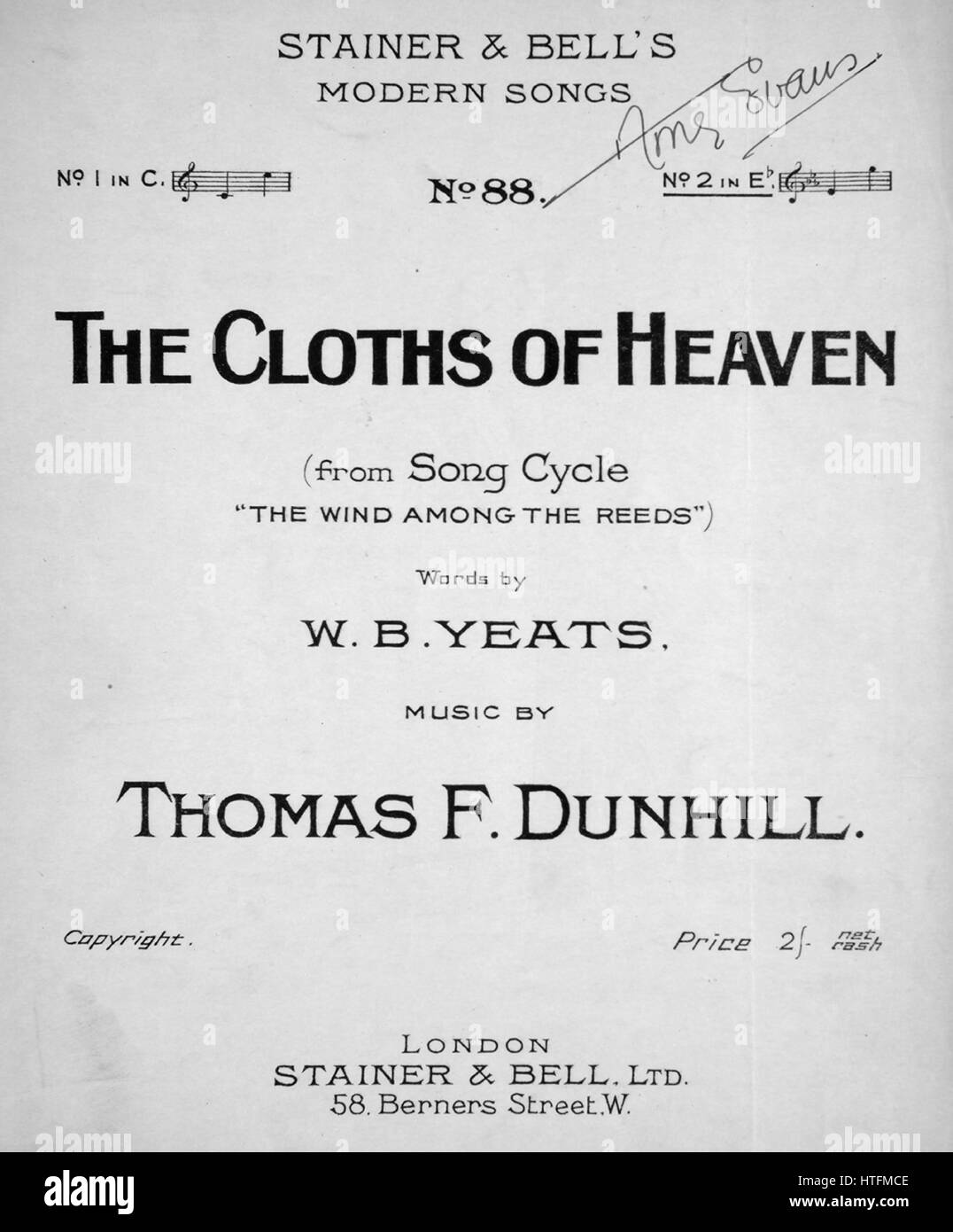 Sheet music cover image of the song 'Stainer and Bell's Modern Songs The Cloths of Heaven (from Song Cycle 'The Wind Among the Reeds')', with original authorship notes reading 'Words by WB Yeats Music by Thomas F Dunhill', United Kingdom, 1911. The publisher is listed as 'Stainer and Bell, Ltd., 58 Berners Street W.', the form of composition is 'through-composed', the instrumentation is 'piano and voice', the first line reads 'Had I the heaven's embroidered cloths, Enwrought with golden and silver light', and the illustration artist is listed as 'None'. Stock Photo