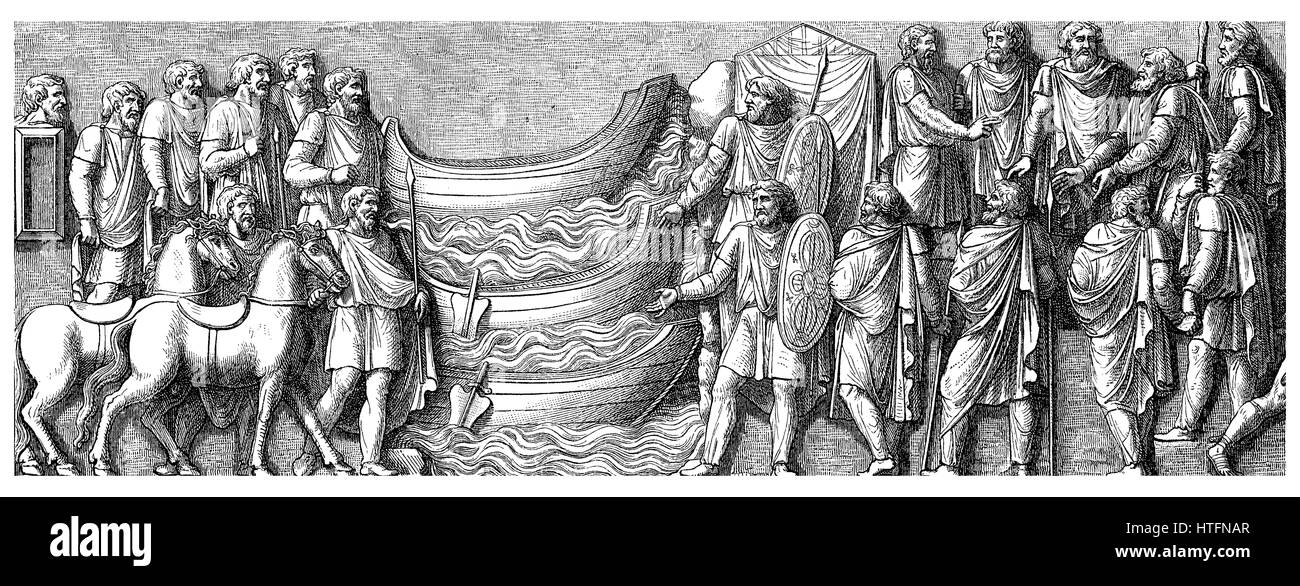 Vintage engraving representing the pact of peace between two German tribes saparated by a river), scene carved on the victory colunm of Marcus Aurelius in Rome (II century) Stock Photo