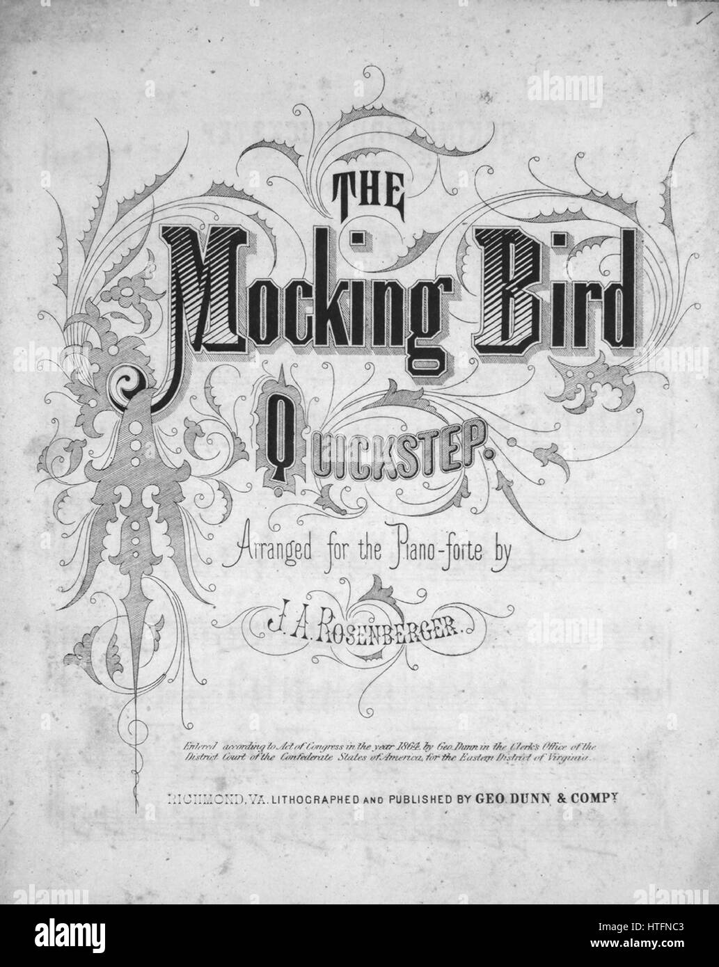Sheet music cover image of the song 'The Mocking Bird Quickstep', with original authorship notes