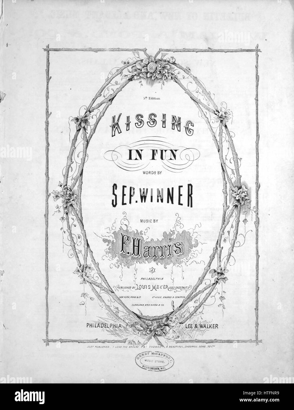 Sheet music cover image of the song 'Kissing In Fun Fifth Edition', with original authorship notes reading 'Words By Sep Winner Music By F Harris', United States, 1864. The publisher is listed as 'Louis Meyer, 1323 Chestnut St.', the form of composition is 'strophic with refrain', the instrumentation is 'piano and voice', the first line reads 'Young Joe was as nice a man as any in the land First line of refrain Yet once he had the impudence to kiss me just in fun', and the illustration artist is listed as 'Holmes'. Stock Photo