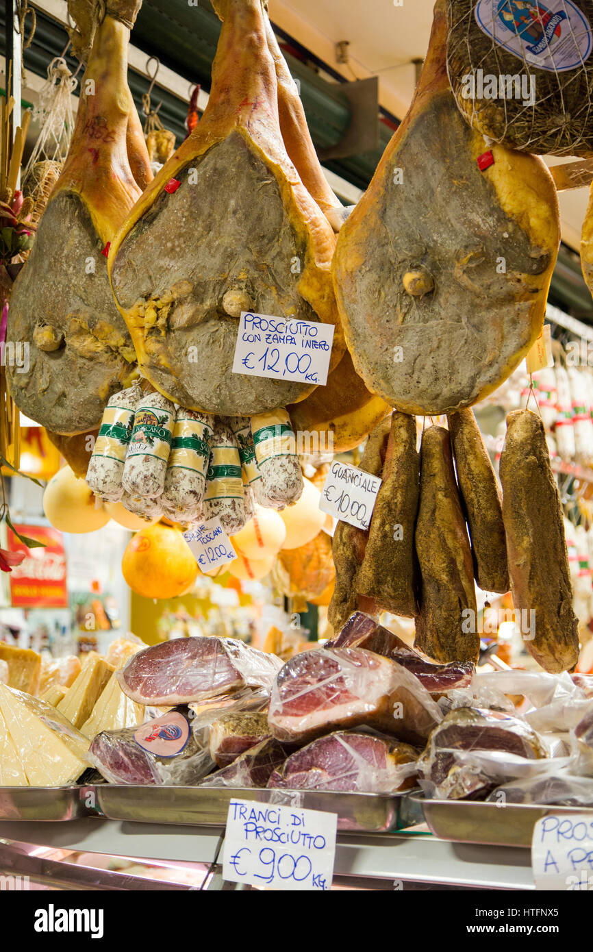 Prosciutto and other meat and cheese on display at the Mercato Centrale